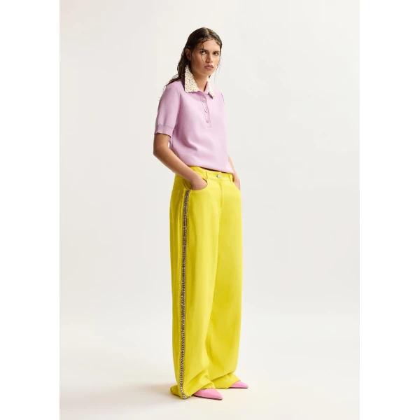 Essentiel Antwerp Lilac fine knit polo top with white and yellow floral embellished collar, view 4