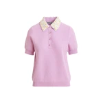 Lilac fine knit polo top with white and yellow floral embellished collar