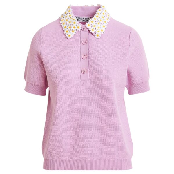 Lilac fine knit polo top with white and yellow floral embellished collar