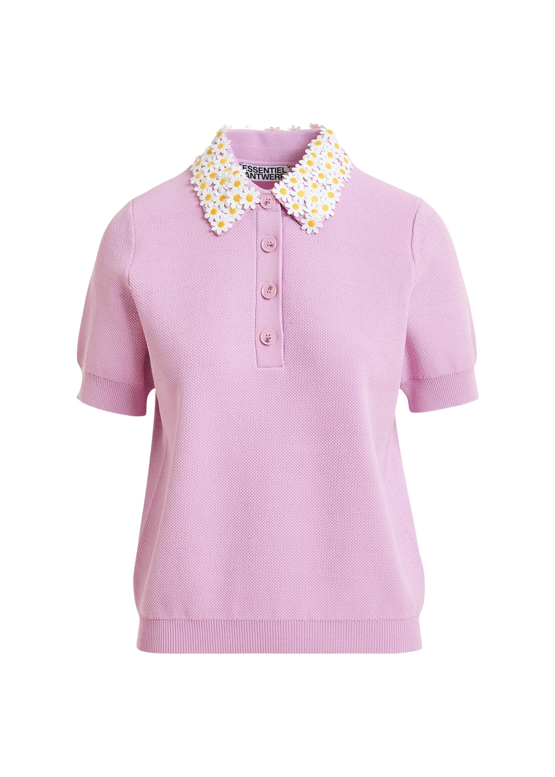 Essentiel Antwerp Lilac fine knit polo top with white and yellow floral embellished collar