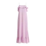 Lilac maxi dress with ruffled neckline and tie-back detail