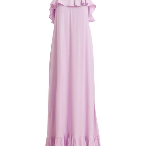 Lilac maxi dress with ruffled neckline and tie-back detail