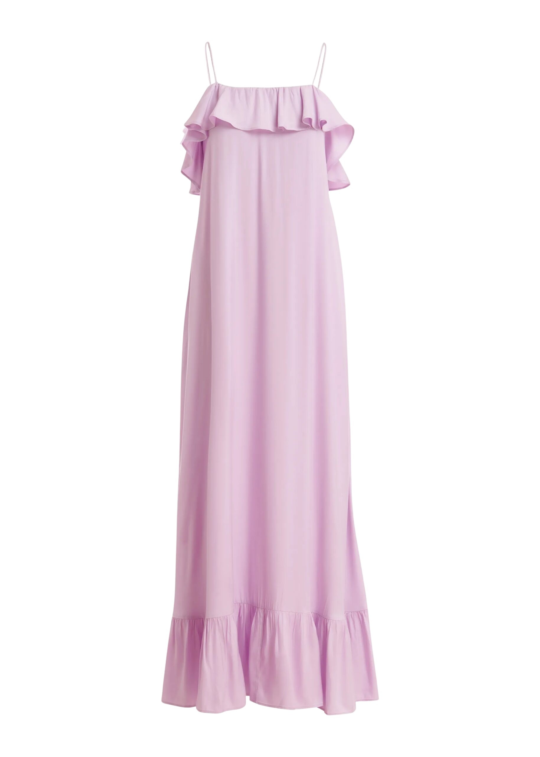 Lilac maxi dress with ruffled neckline and tie-back detail