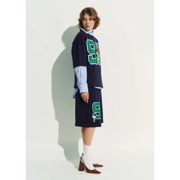 Essentiel Antwerp Navy T-shirt with appliquéd Peanuts™ Lucy patch and text print Top, view 4
