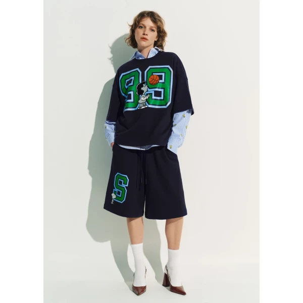 Essentiel Antwerp Navy T-shirt with appliquéd Peanuts™ Lucy patch and text print Top, view 6