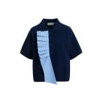 Navy and light blue ruffle fine-knit polo top