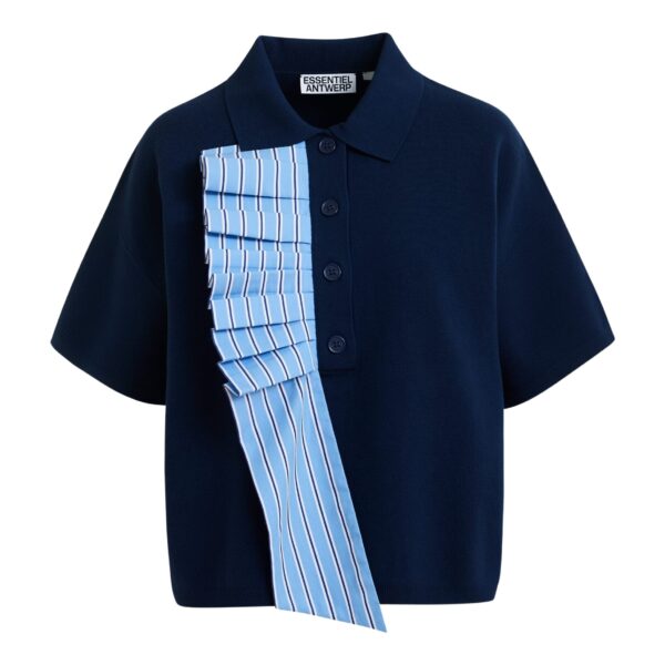 Navy and light blue ruffle fine-knit polo top