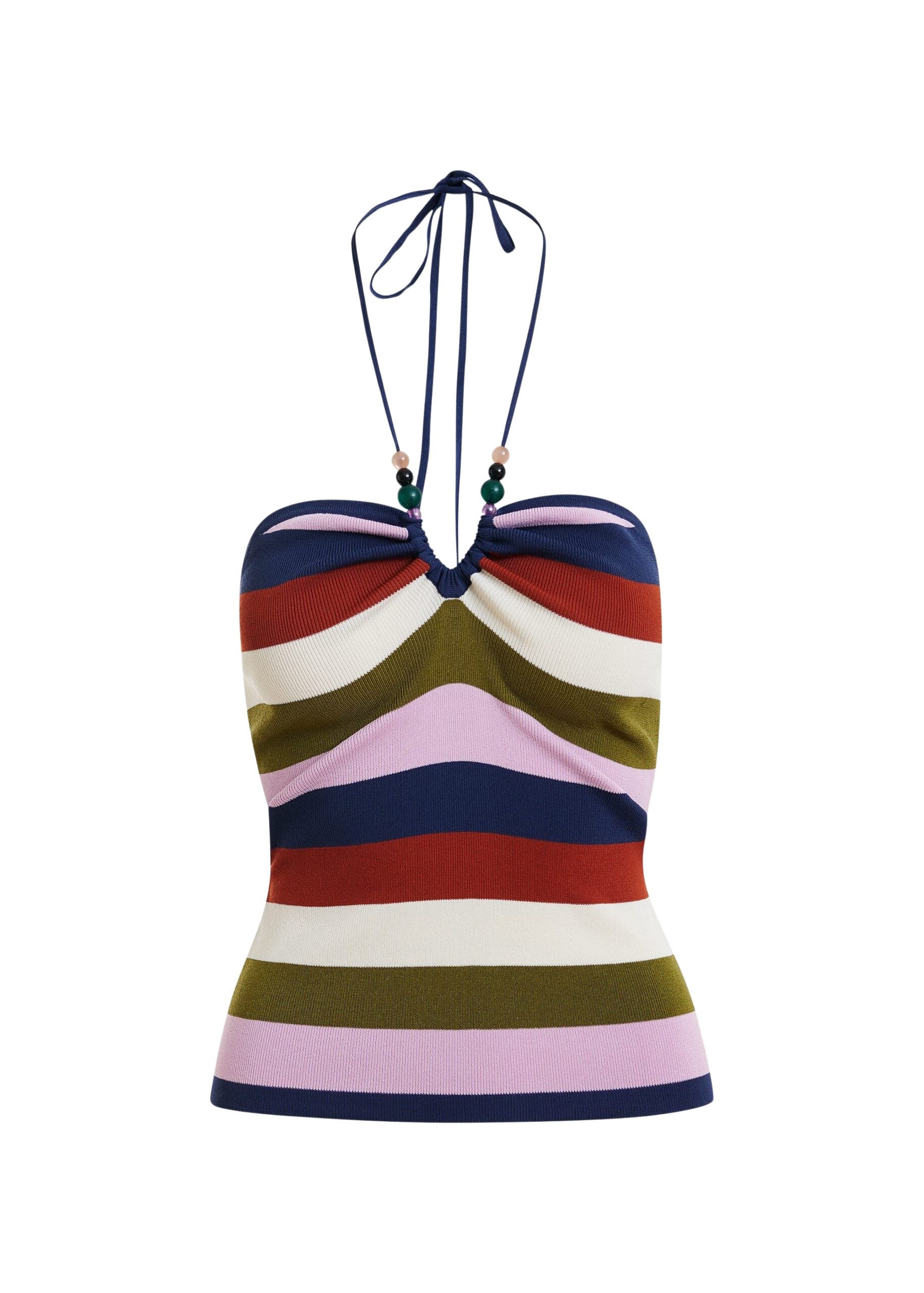 Navy and multicolor striped halterneck knit top