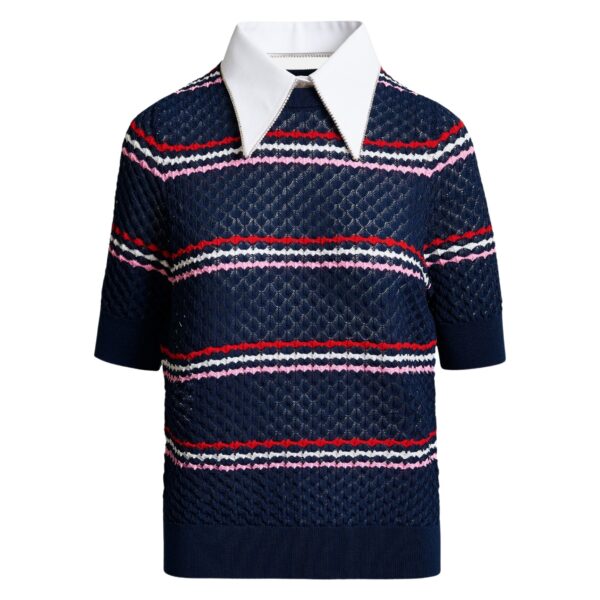 Navy and multicolor striped honeycomb knit polo with rhinestone-embellished detachable collar
