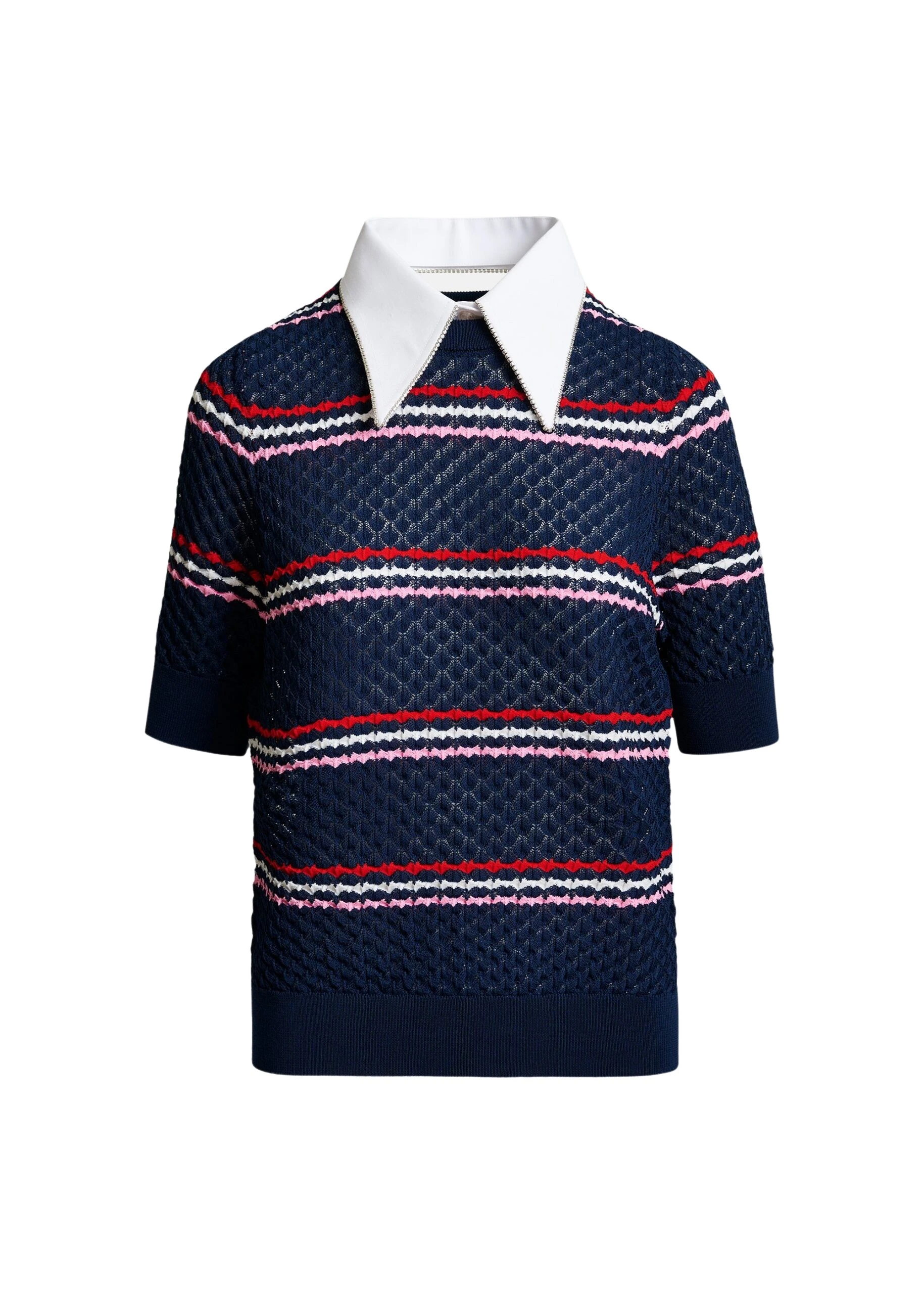 Essentiel-Antwerp-Navy-and-multicolor-striped-honeycomb-knit-polo-with-rhinestone-embellished-detachable-collar-scaled94196_nobg Navy and multicolor striped honeycomb knit polo with rhinestone-embellished detachable collar