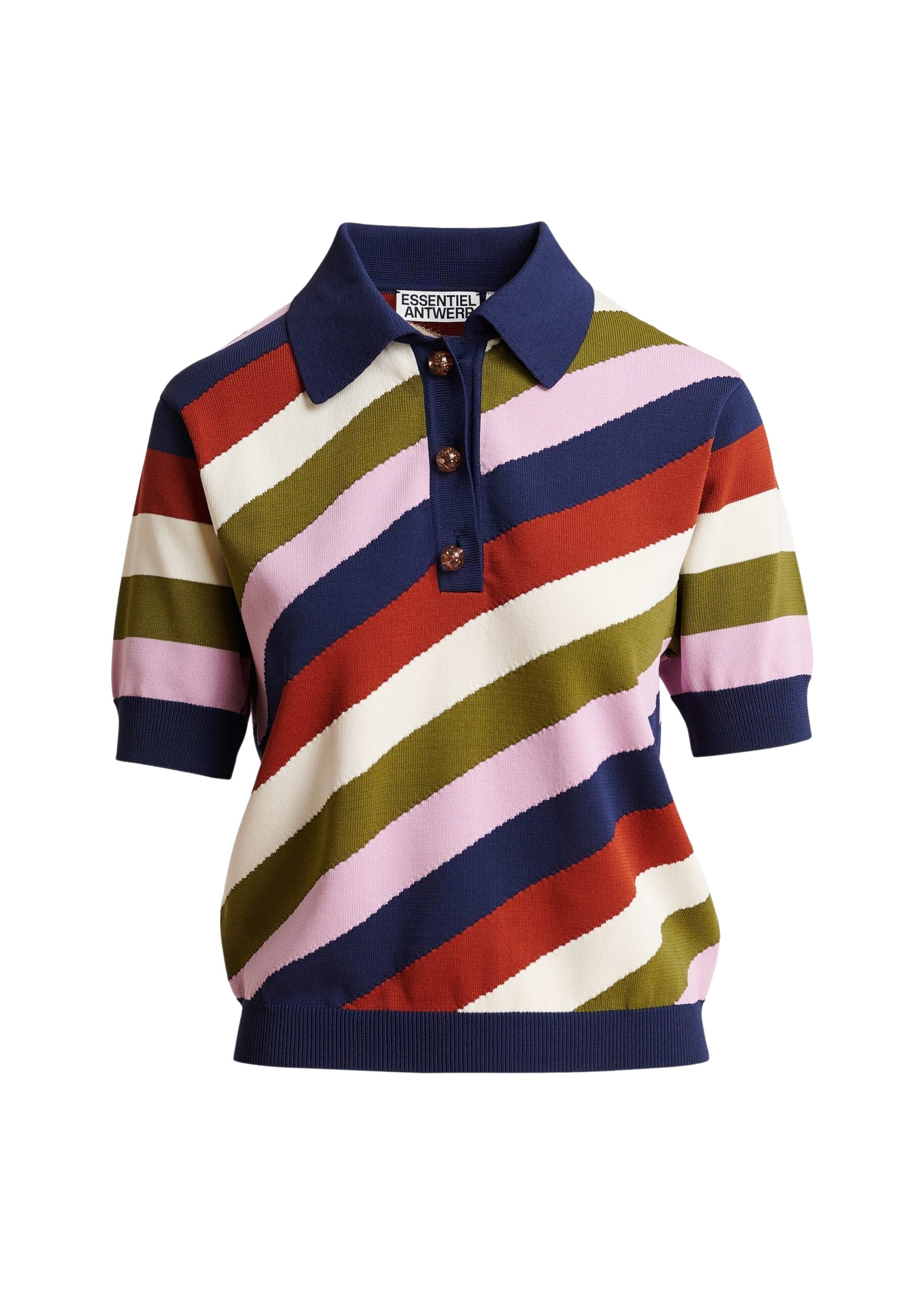 Navy and multicolor striped knit polo with constrasting buttons