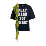 Navy and white printed cotton T-shirt with green cascading frills