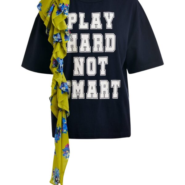 Navy and white printed cotton T-shirt with green cascading frills