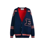 Navy appliquéd cardigan with red stripes