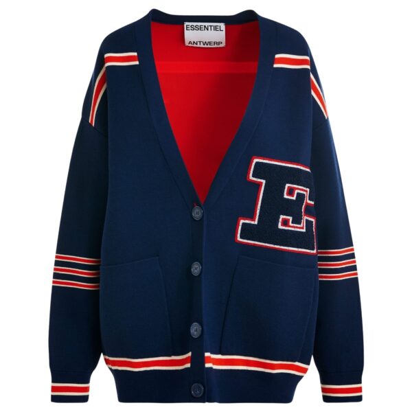 Navy appliquéd cardigan with red stripes