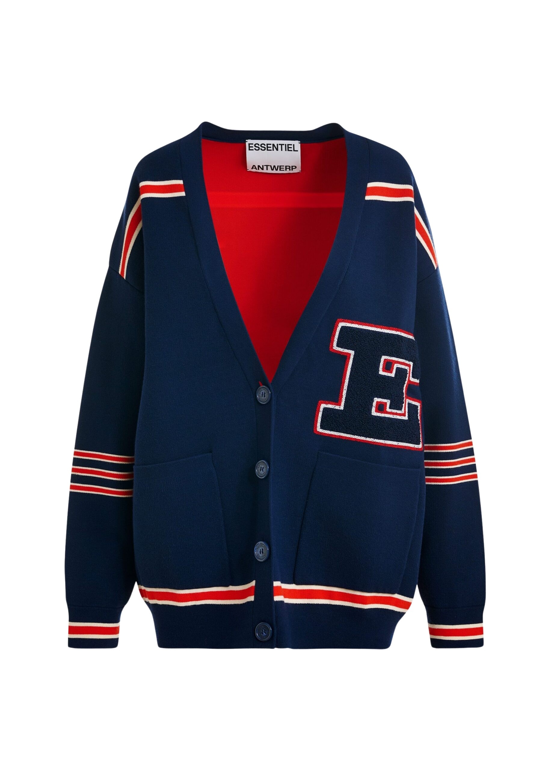 Navy appliquéd cardigan with red stripes