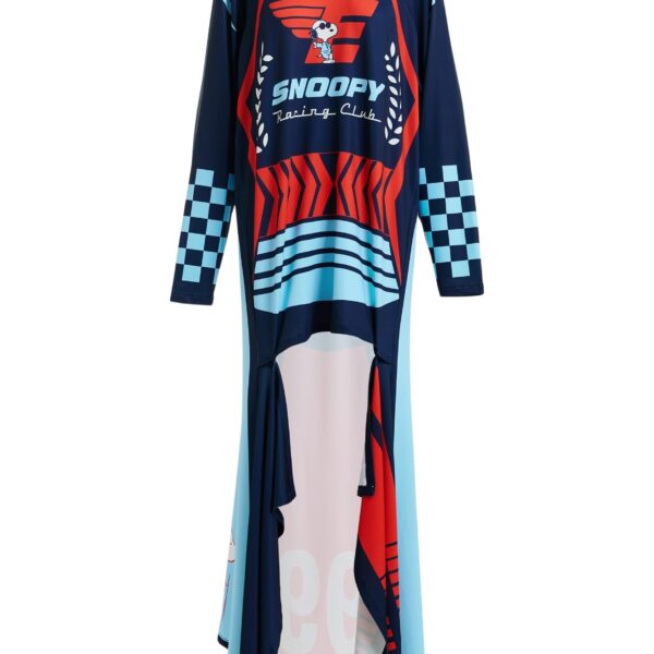 Navy asymmetrical graphic jersey mini dress with red and light blue Peanuts™ print