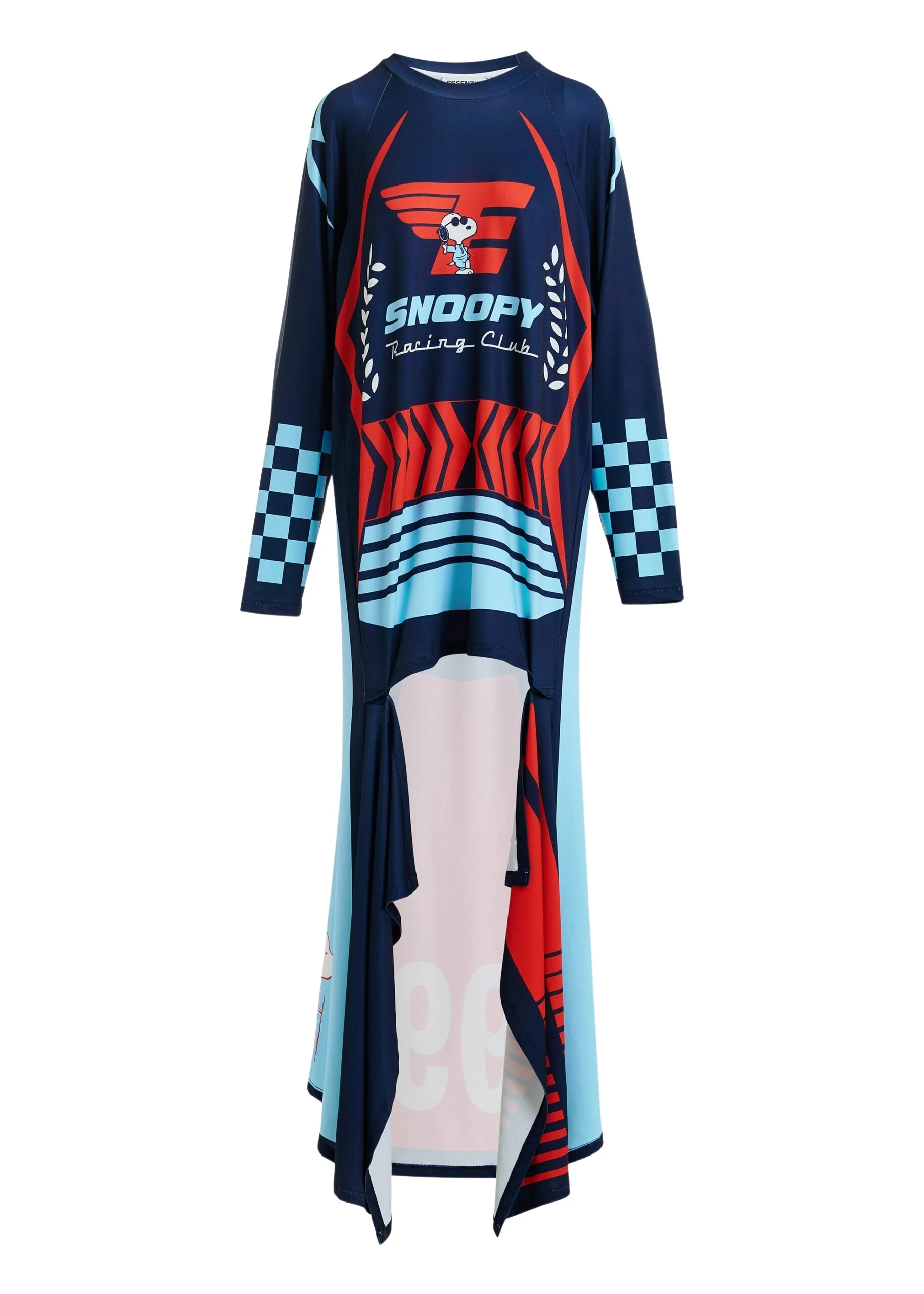 Navy asymmetrical graphic jersey mini dress with red and light blue Peanuts™ print
