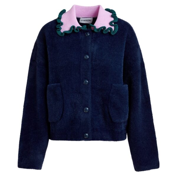 Navy cardigan with contrasting purple and dark green ruffle collar