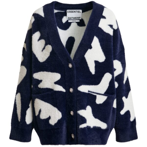 Navy cardigan with white letter print and rhinestone buttons