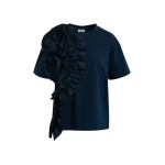 Navy cotton T-shirt with oversized floral ruffle detail