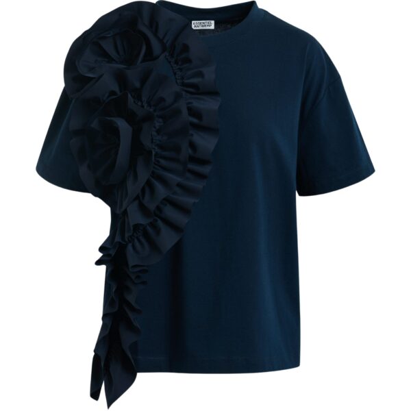 Navy cotton T-shirt with oversized floral ruffle detail