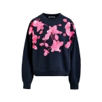 Navy cotton sweatshirt with pink floral sequin and bead-embellished embroidery