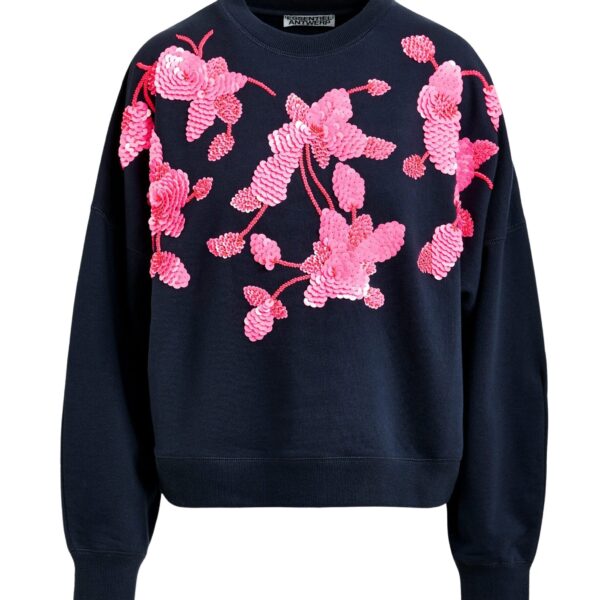 Navy cotton sweatshirt with pink floral sequin and bead-embellished embroidery