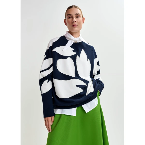 Essentiel Antwerp Navy cotton sweatshirt with white flame appliqués Top, view 2