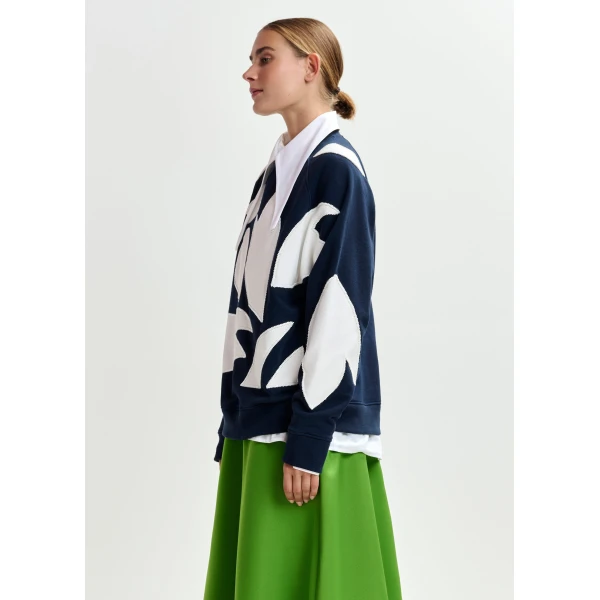 Essentiel Antwerp Navy cotton sweatshirt with white flame appliqués Top, view 3