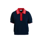 Navy fine knit polo top with red and pink lace-trimmed collar and strawberry-shaped buttons