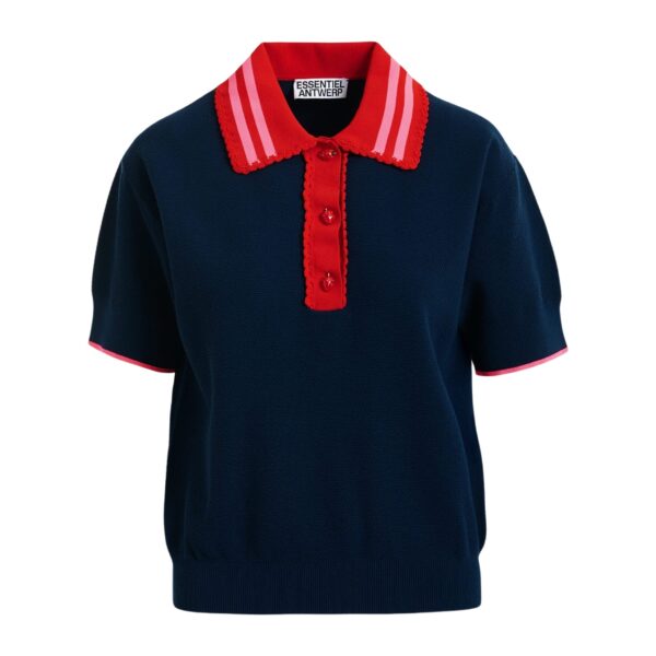 Navy fine knit polo top with red and pink lace-trimmed collar and strawberry-shaped buttons