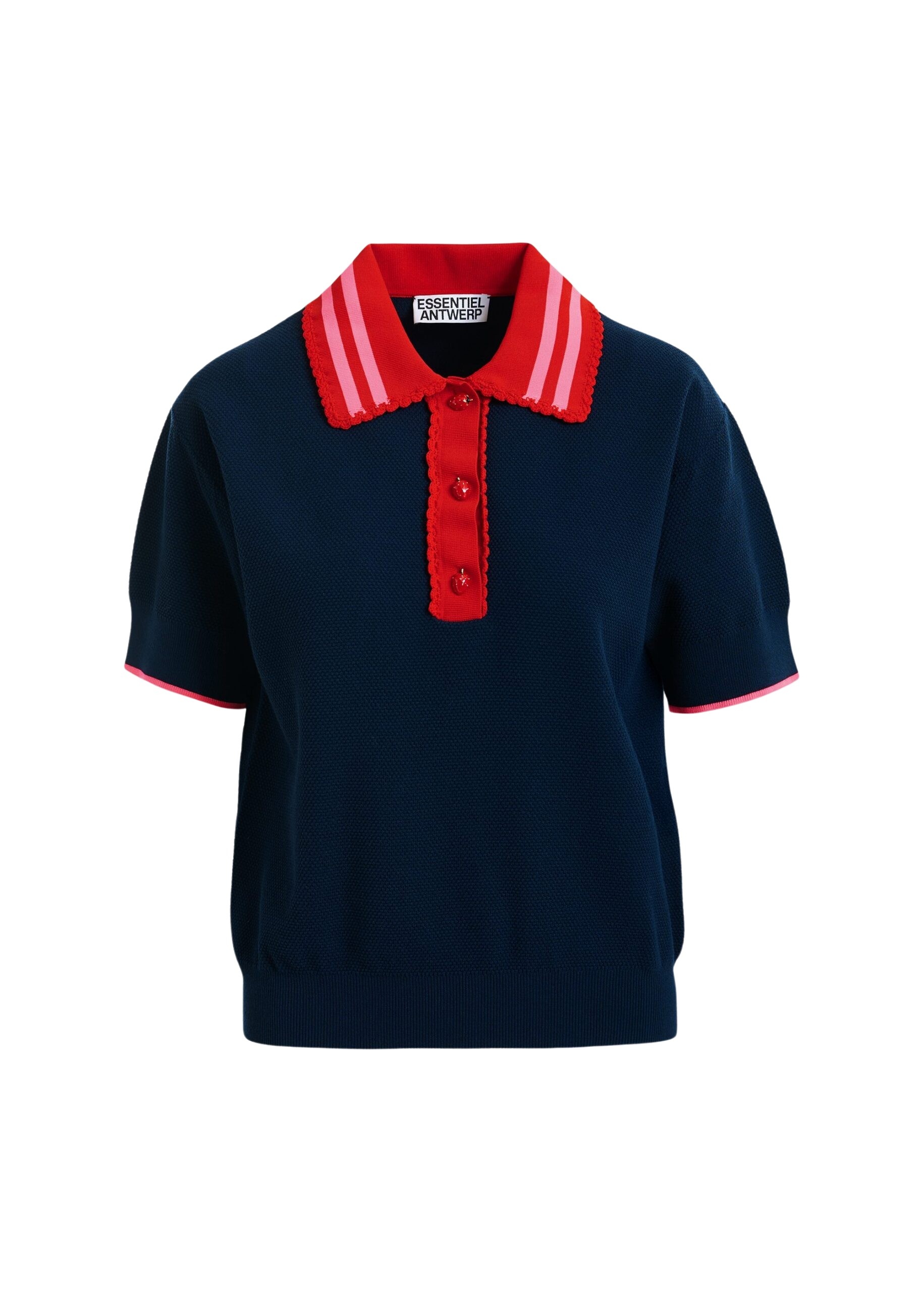 Navy fine knit polo top with red and pink lace-trimmed collar and strawberry-shaped buttons