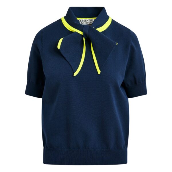 Navy fine-knit polo with bright yellow scarf-like contrast collar