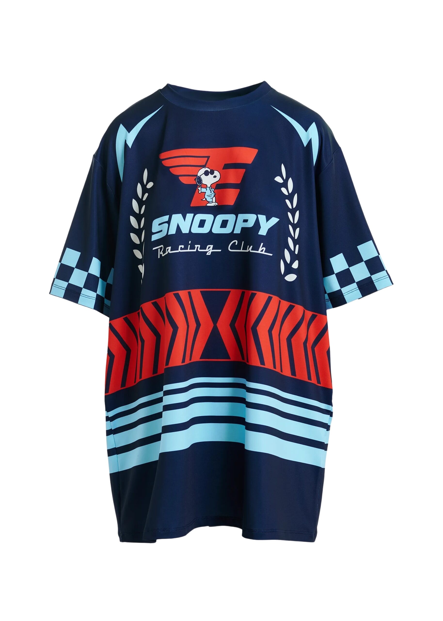 Navy graphic jersey mini dress with red and light blue Peanuts™ print