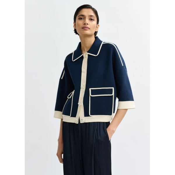 Essentiel Antwerp Navy knit cardigan with flower buttons and off-white contrasting trims, view 3