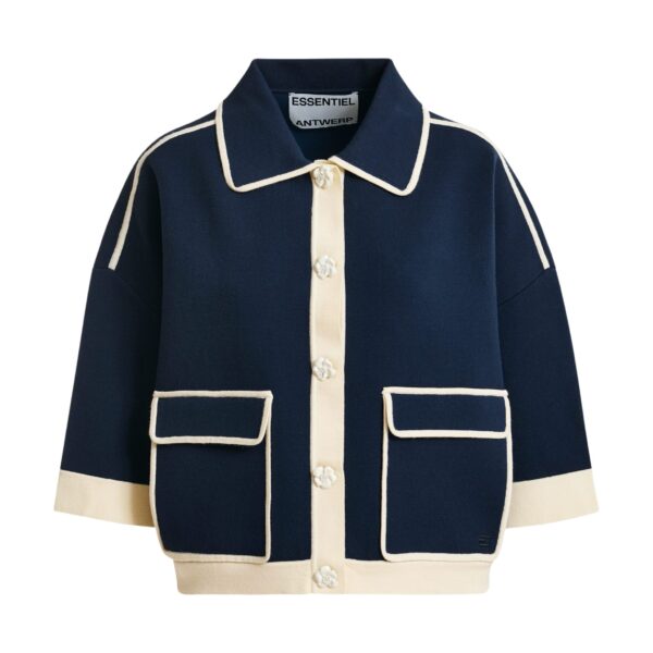 Navy knit cardigan with flower buttons and off-white contrasting trims
