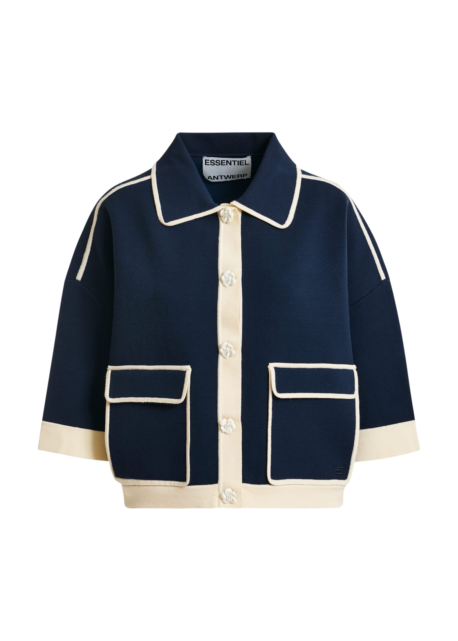 Navy knit cardigan with flower buttons and off-white contrasting trims