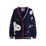 Navy knit cardigan with multicolored Peanuts™ Snoopy and Woodstock patches