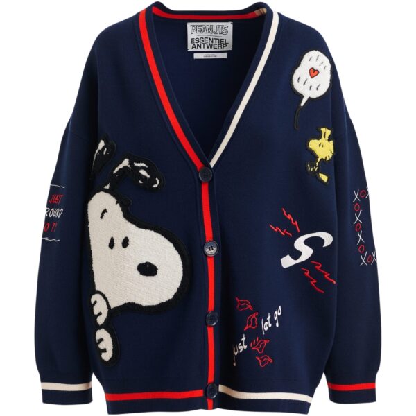 Navy knit cardigan with multicolored Peanuts™ Snoopy and Woodstock patches