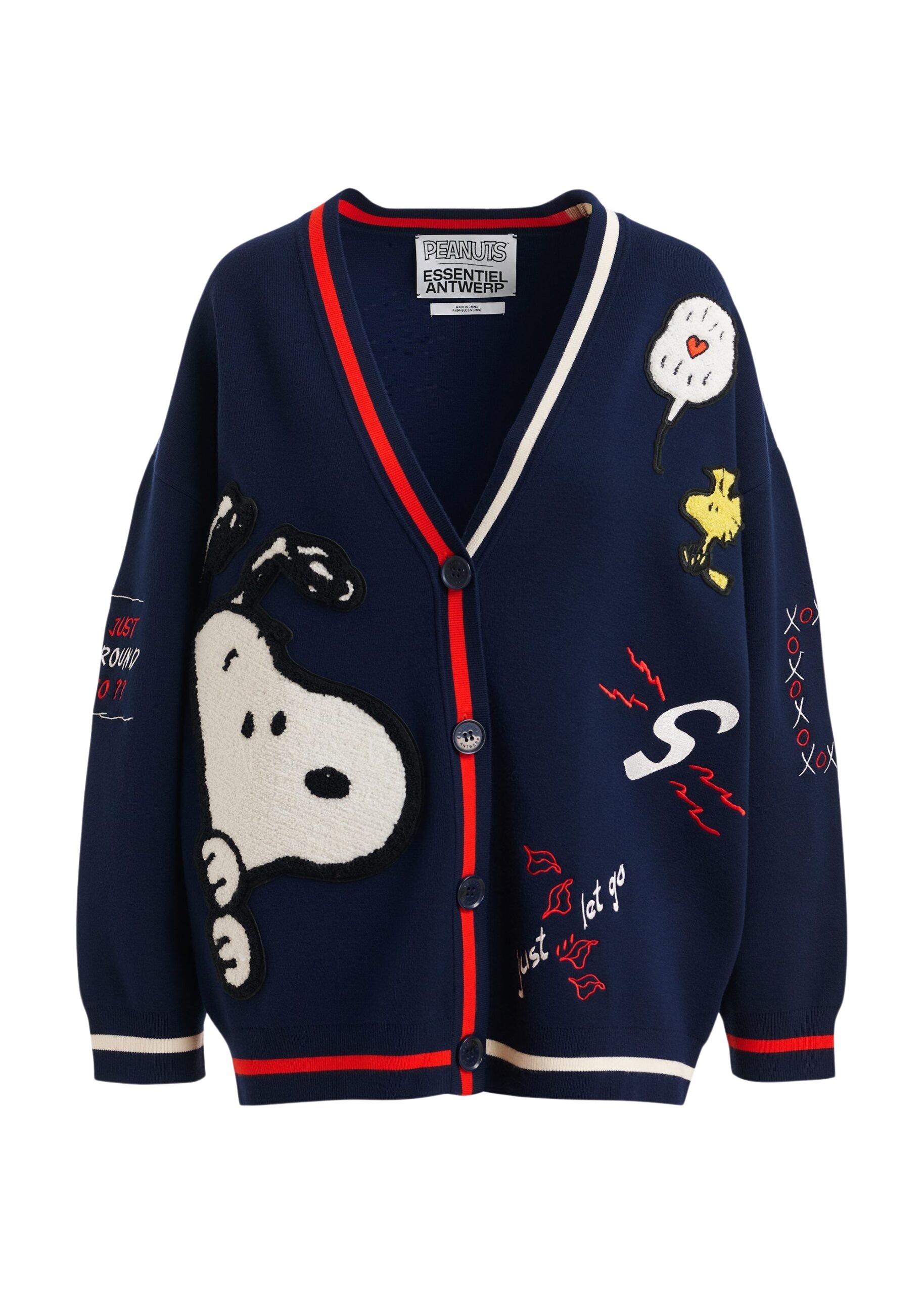 Navy knit cardigan with multicolored Peanuts™ Snoopy and Woodstock patches