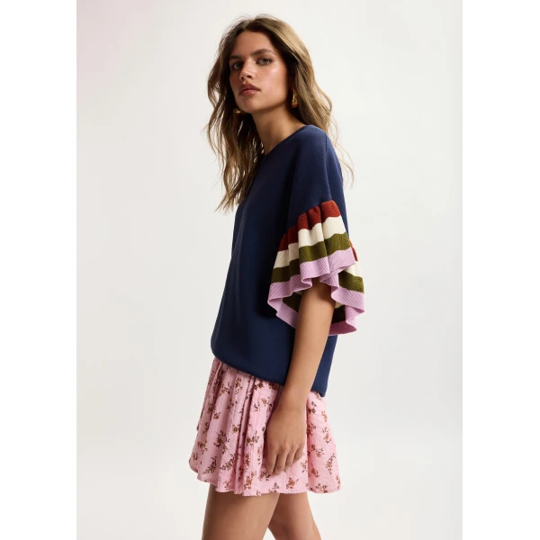 Essentiel Antwerp Navy knitted top with multicolored striped layered sleeves, view 2