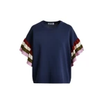 Navy knitted top with multicolored striped layered sleeves