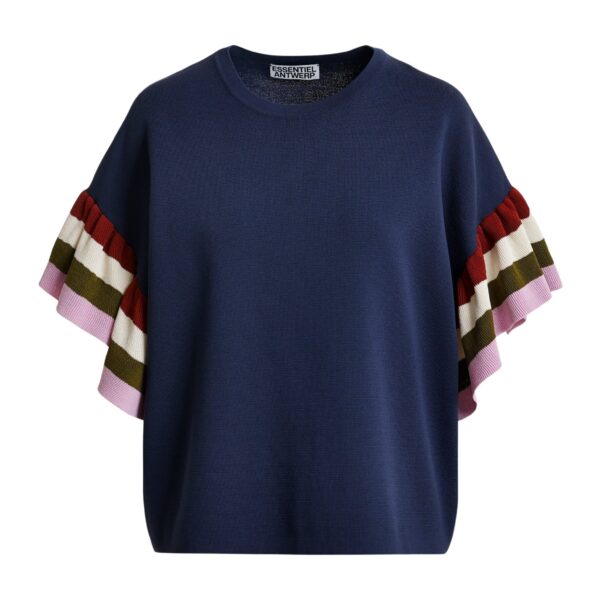 Navy knitted top with multicolored striped layered sleeves