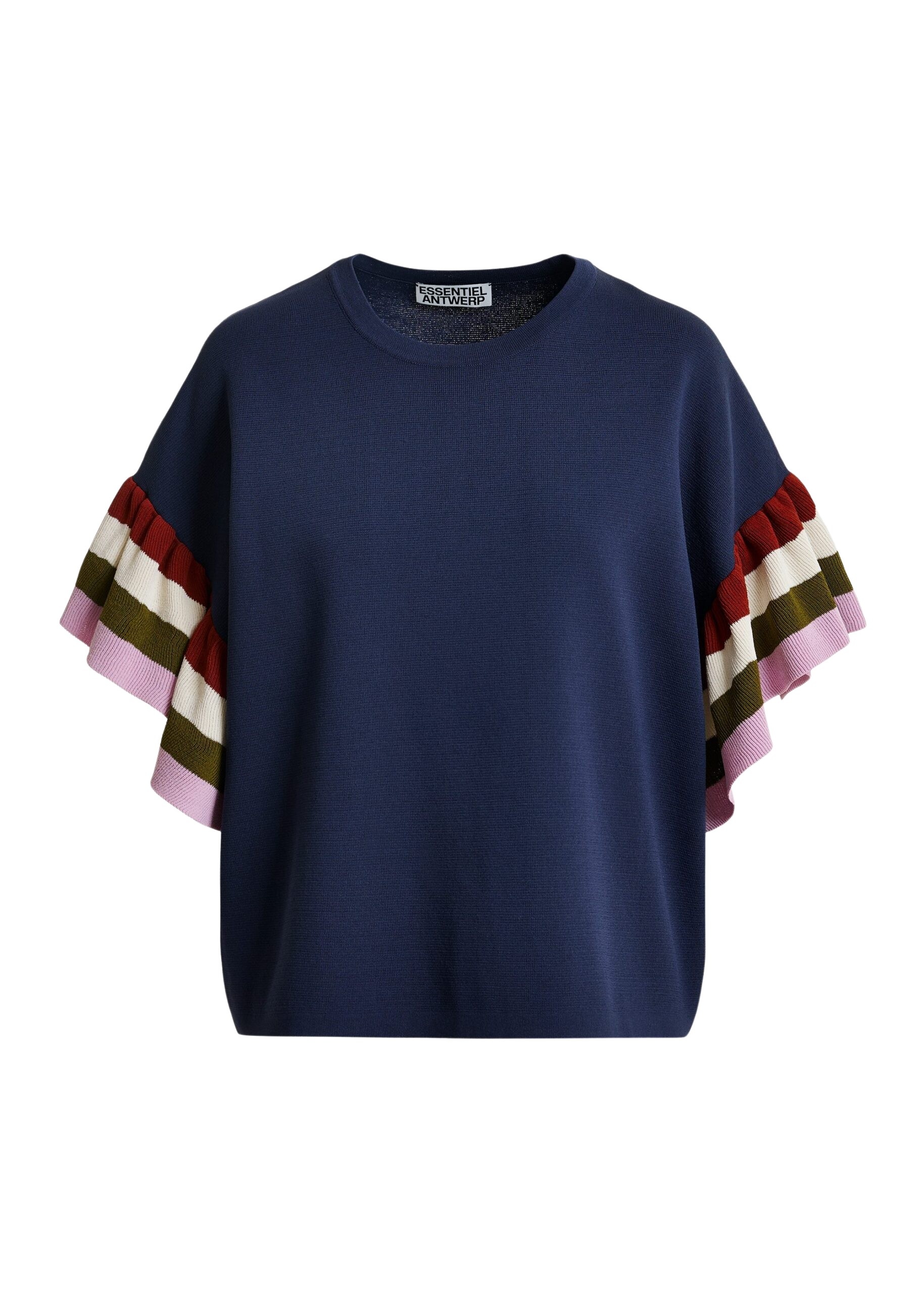 Navy knitted top with multicolored striped layered sleeves