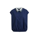 Navy sleeveless cotton shirt with embellished collar