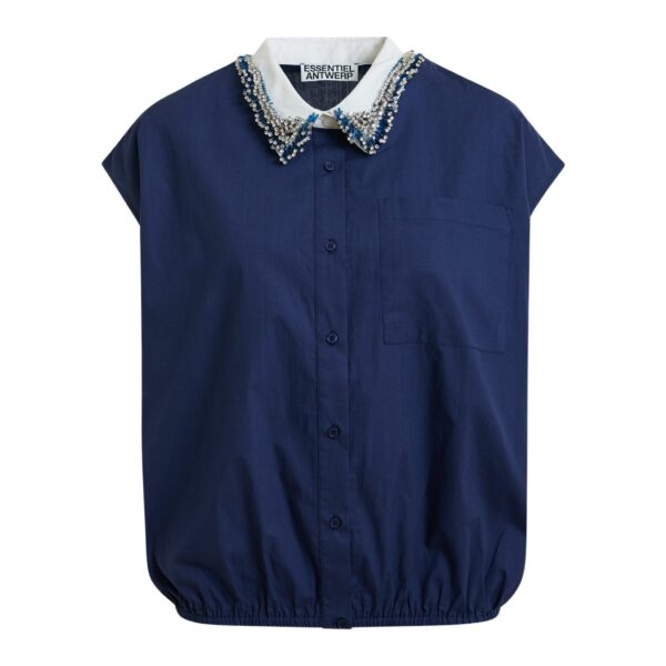 Navy sleeveless cotton shirt with embellished collar