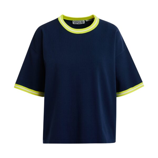 Navy slightly cropped knit T-shirt with bright yellow contrasting trim