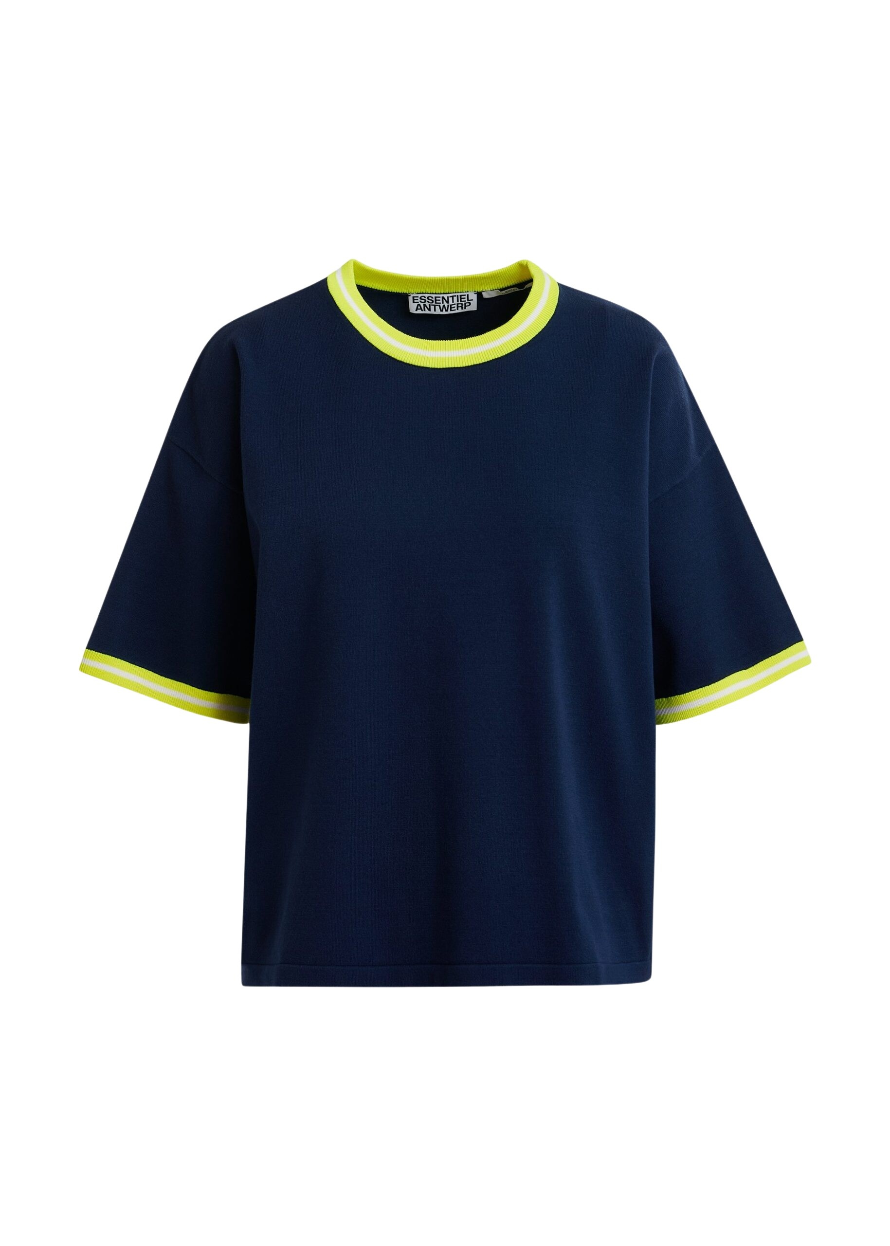 Navy slightly cropped knit T-shirt with bright yellow contrasting trim