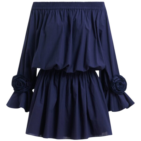 Navy strapless cotton mini dress with rosette details